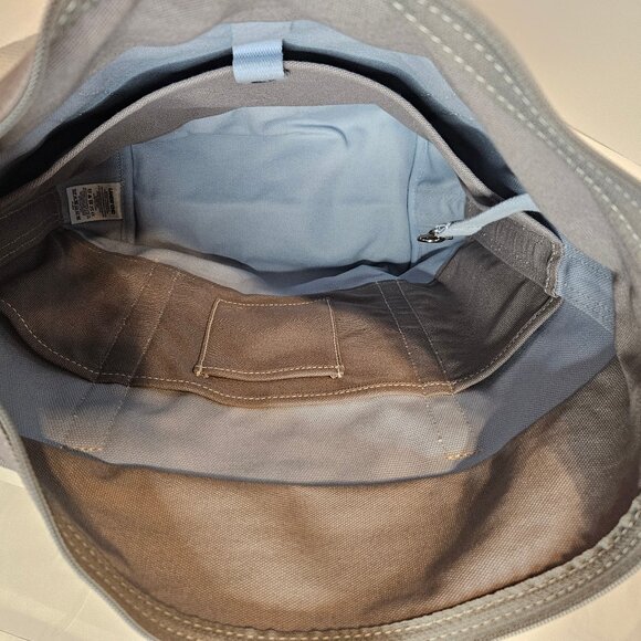 Lands' End Medium Zip Top Canvas Tote in pale blue & gray with striped straps - Picture 9 of 10